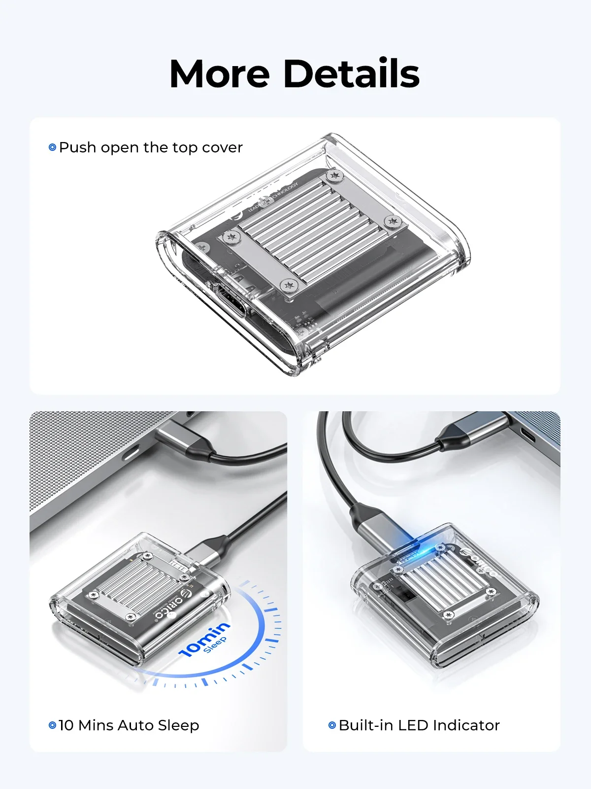 Orico-nvme Ferramenta de Gabinete Ssd M.2 para Usb tipo c Adaptador Externo Transparente Suporte 2230 Pcie Ssd 10gbps Livre - Imagem 2