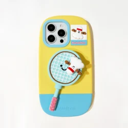3D Cute Table Tennis Badminton Racket Phone Case with Folding Kickstand for iPhone 15 Pro Max (Blue)