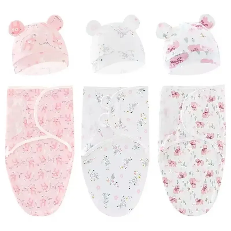 

3Sets/lot Newborn Sleepsack Baby Swaddle Blanket Wrap Hat Set Infant Adjustable New Born Sleeping Bag Muslin Blankets 0-6M