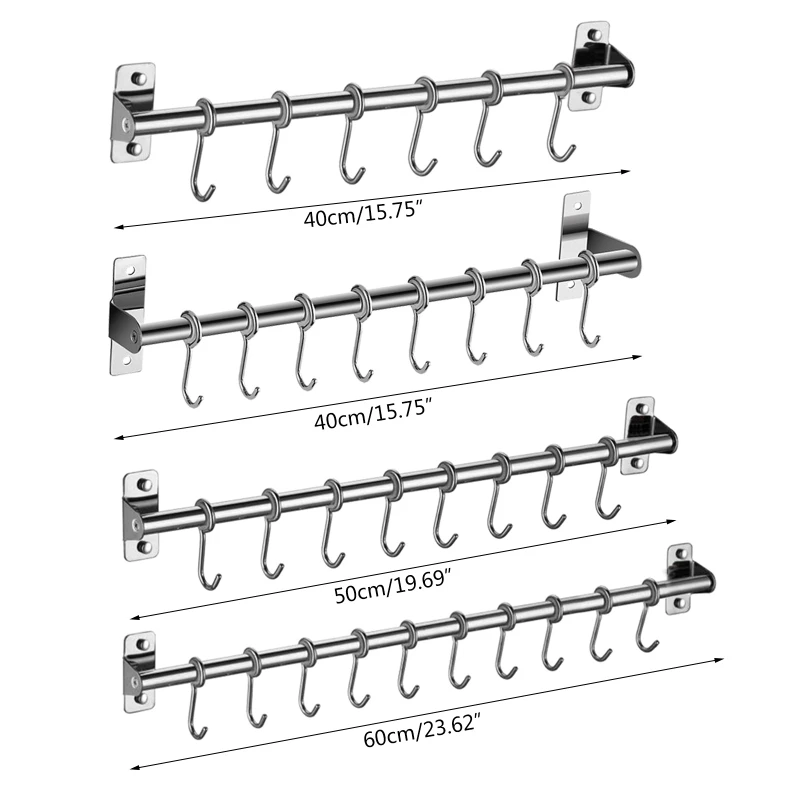

Wall Mounted Utensil Rack Stainless Steel Hanging Kitchen with 6/8/10 Removable Hooks