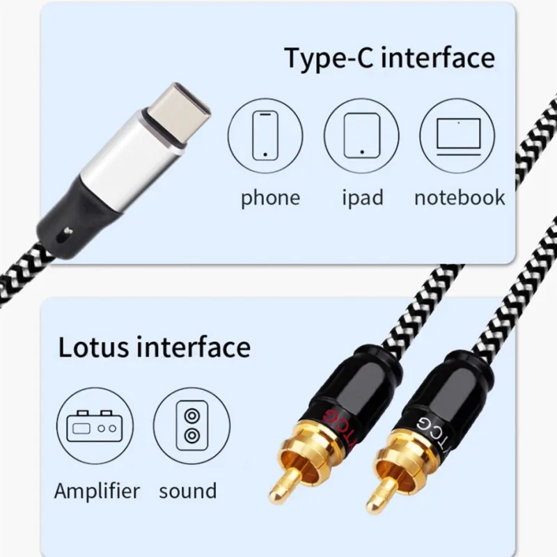 USB C to 2 RCA Audio Cable Splitter for Speakers and Amplifiers, 1m/2m/3m Length Options