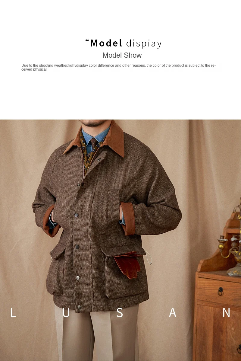 Italienische Herbst- und Winterjacke aus 50% Wolle, Jagdjacke, Alltagstaugliche Vielseitige Jacke mit Kontrastkragen, Warme Retro-Jacke für Herren – Detail 23