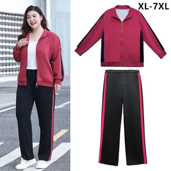 Women Casual Sports Set 7XL 6XL 5XL Spring Loose Coat 100KG Autumn Plus Size Sweatpants Oversied Female 2 Piece Clothes sets