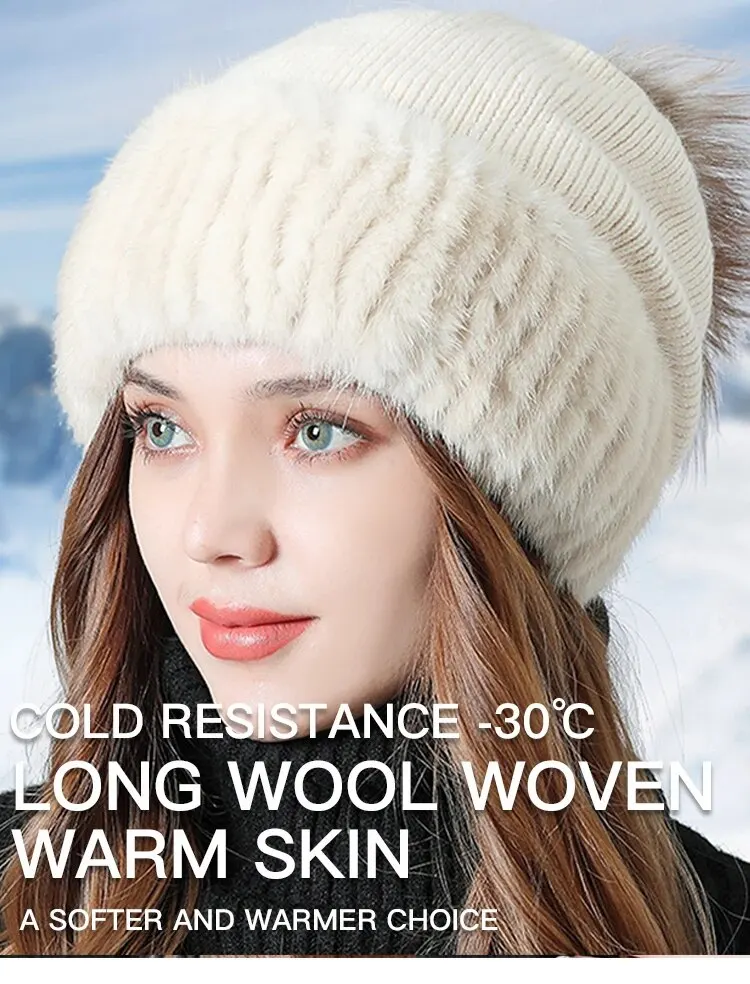 Cappello da sci spesso freddo in visone alla moda da donna in pile caldo in pile invernale_voghion.com