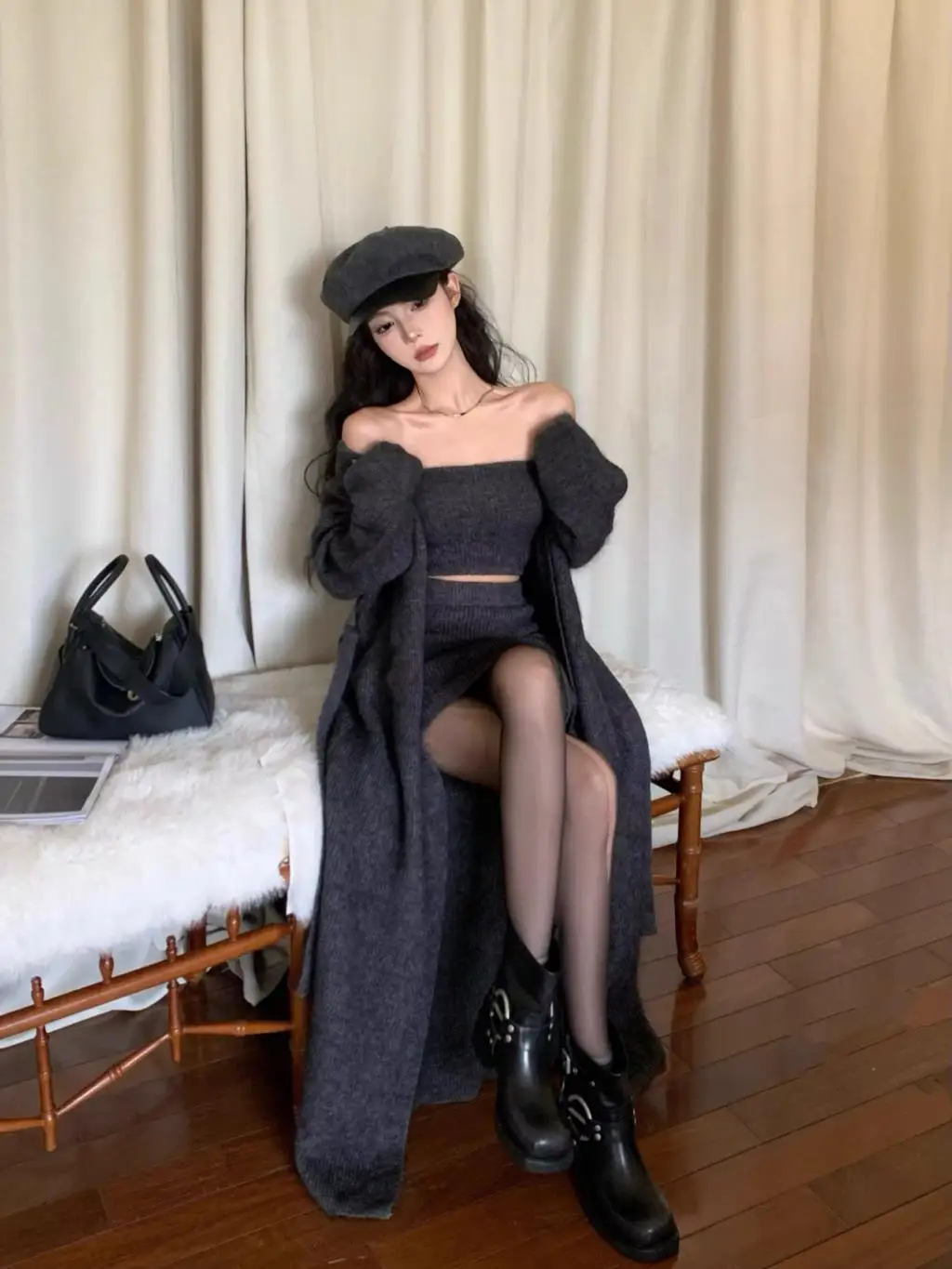 Autumn Winter New Knitted 3-piece Skirt Set Women Solid Long Cardigan Strapless Crop Top Mini Skirt Y2K Korean Chic Knitwear New
