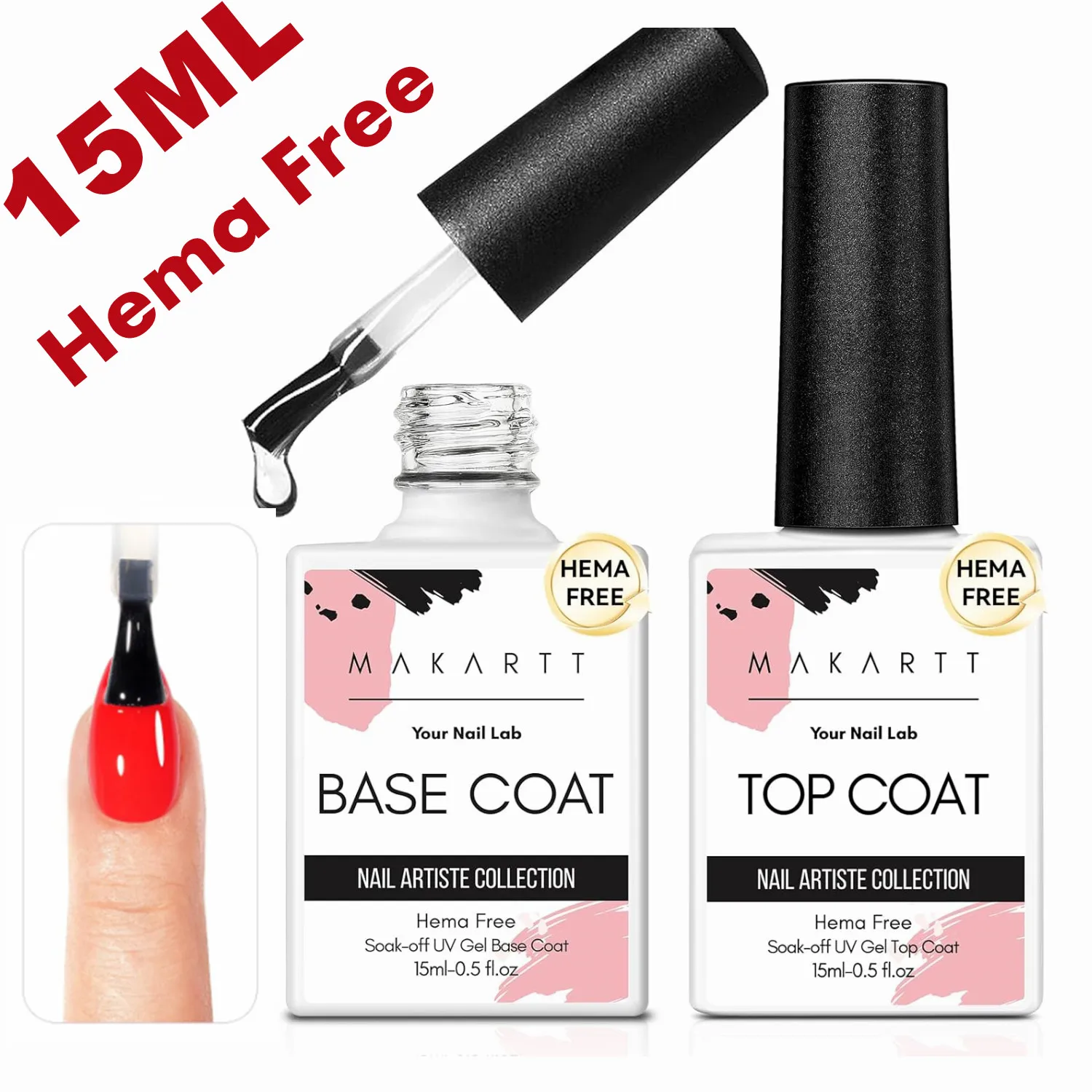 Hema Free No Wipe Top and Base Coat Set For Gel Nail Polish, Shine Finish and Long Lasting, Soak Off Gel Nail Lacquer-2 x 15ml
