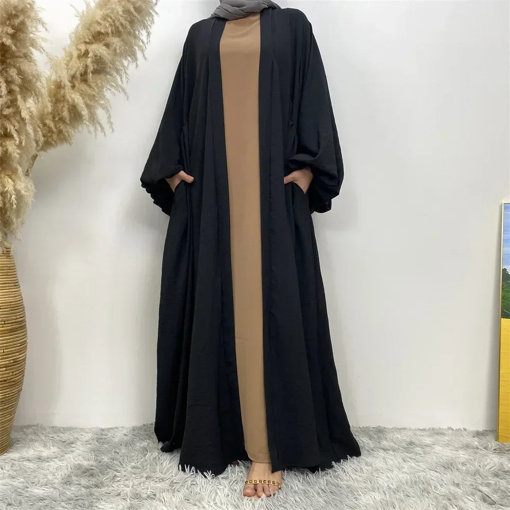 Open Kimono Abaya for Women Dubai Luxury Muslim Cardigan with Pockets Elastic Cuff Islamic Abayas Dress Arabic Kaftan Hijab Robe