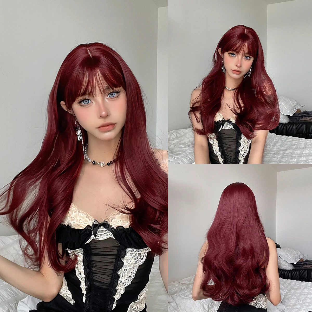 WIG ME UP Peluca Larga Rizada Voluminosa Color Rojo Oscuro – Con Flequillo Para Carnaval Y Halloween