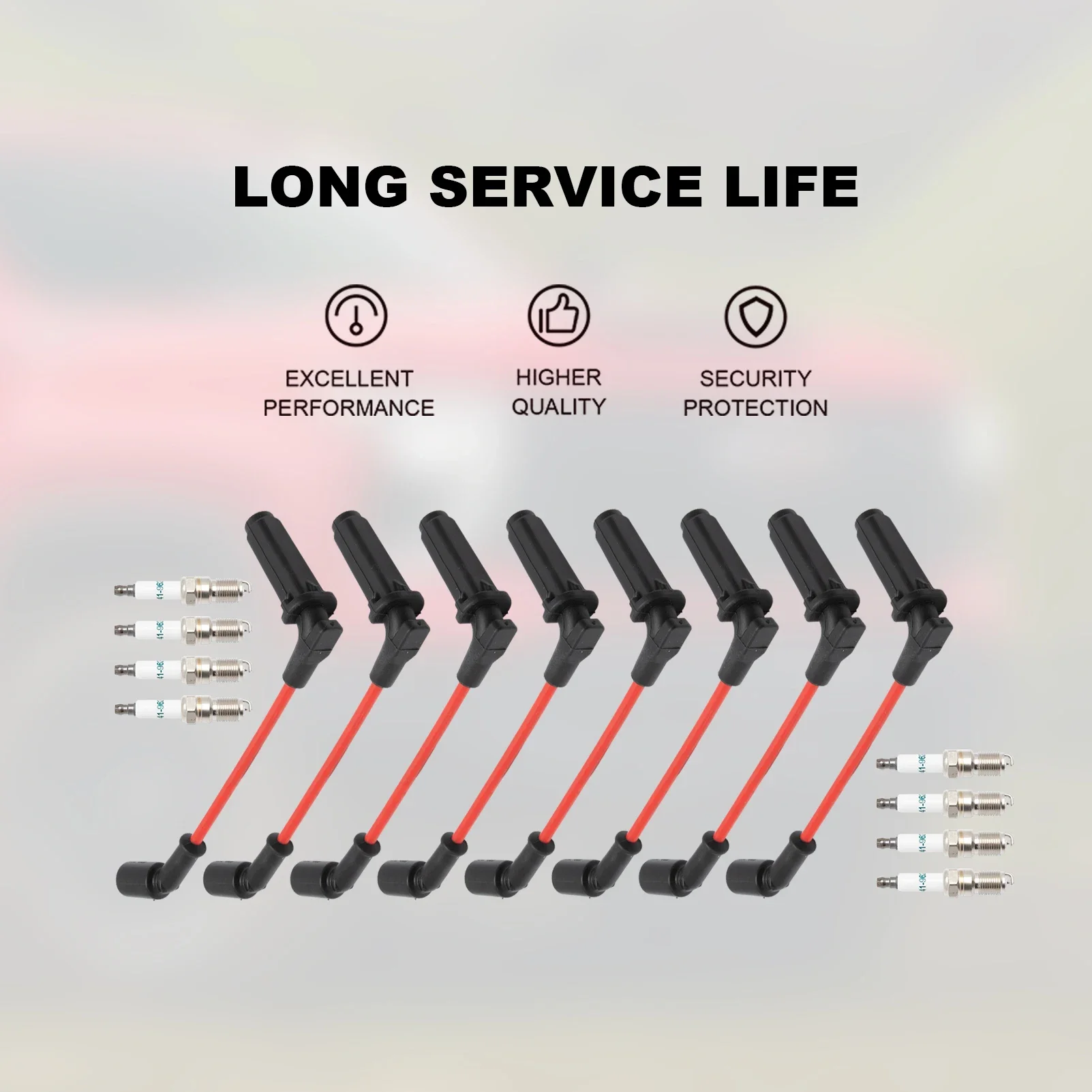 

Spark Plug Wires Set 9748HH 8.0mm Red + 41-962 Spark Plugs For Cadillac Escalade Chevy Silverado Suburban Tahoe GMC Sierra Yukon