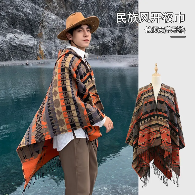 Sciarpa a fessura in stile occidentale - Mantello scozzese vintage americano con doppio diamante per protezione solare e moda 2