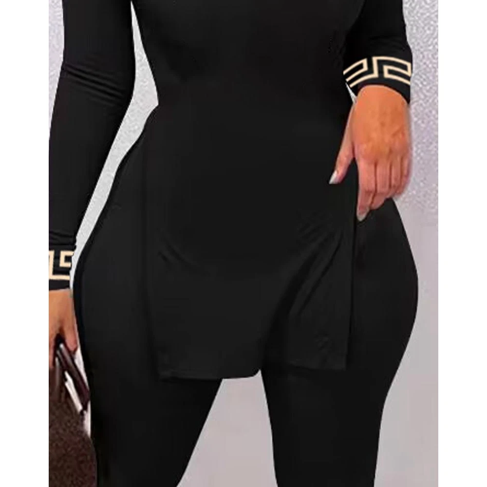 2023 Women Geo Print Split Hem Long Sleeve Top & Skinny Pants Set Casual 2 Piece Black Outfits Tracksuit Sets Woman Clothing