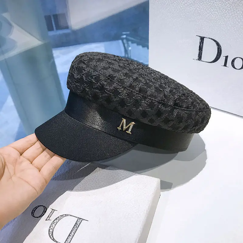 Trendy Designer Pleated Satin Flat Top Navy Octagon Hats for Women Retro Rhinestone Letter Beret Spring women beret women hats
