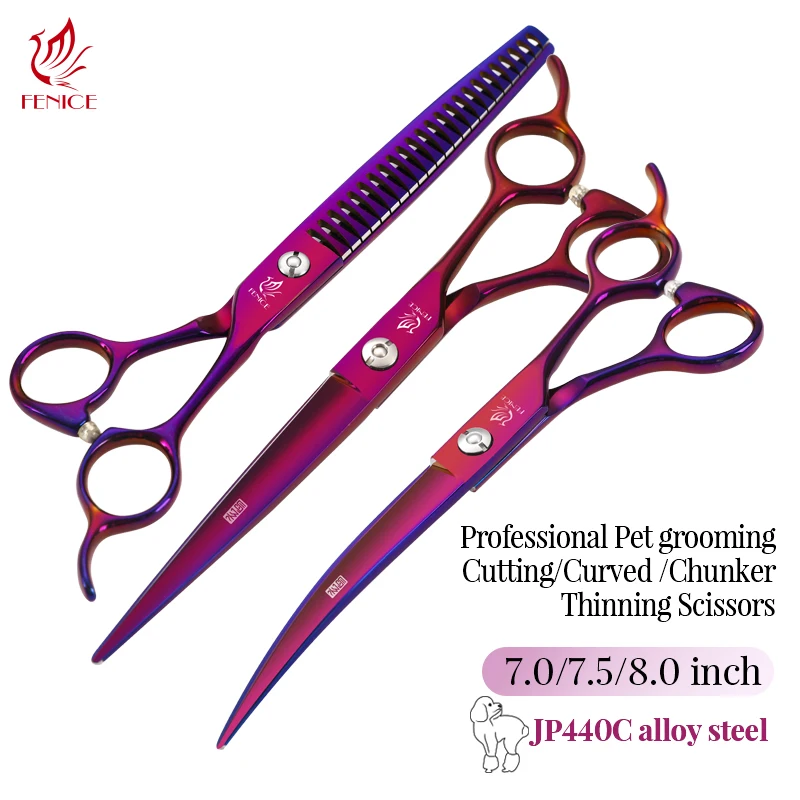 Fenice Scissors Professional 7.0/7.5/8.0 inch Pet Grooming Cutting/Curved/Chunker Shears Kit JP440C Dog Hair Shear