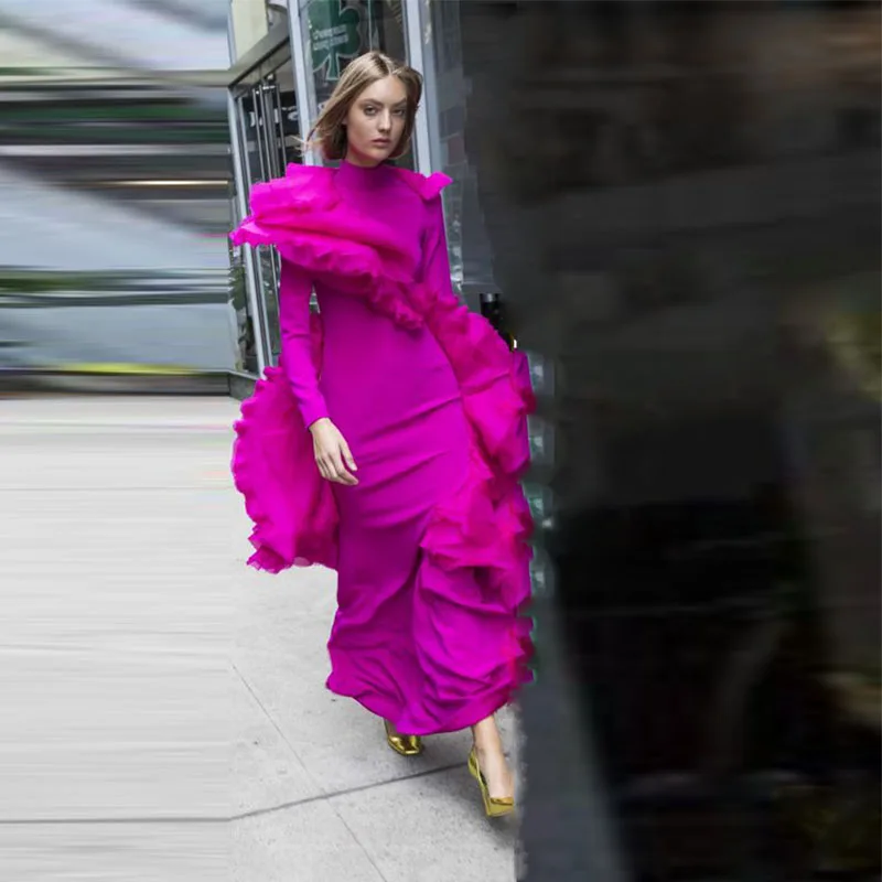 Fuchsia Long Sleeves Evening occasion Gowns Saudi Arabia Ruched Mermaid red carpet celebrity Prom Dresses  Robe De Soire