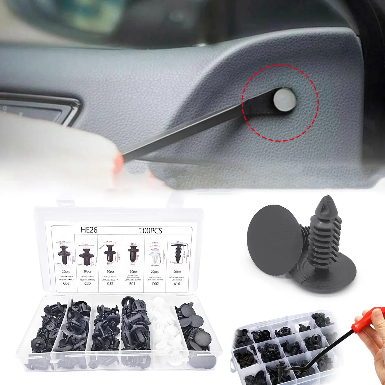 100Pcs Bumper Retainer Clips Car Clips Plastic Rivets Fasteners Push Retainer Kit Most Popular 6 Sizes Auto Push Pin Rivets Set