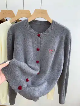 2025 Bow Embroidery Knitted Cardigan Women O-Neck Single Breasted Heart Button Sweater Korean Casual Solid Tops Woman Clothes 45