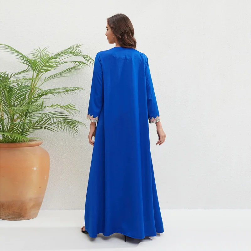Abaya For Women Blue Ethnic Style V-neck Long Dress New Summer Vacuum Style Robe Long Skirt Fashion Dubai Muslin Islam Clothing