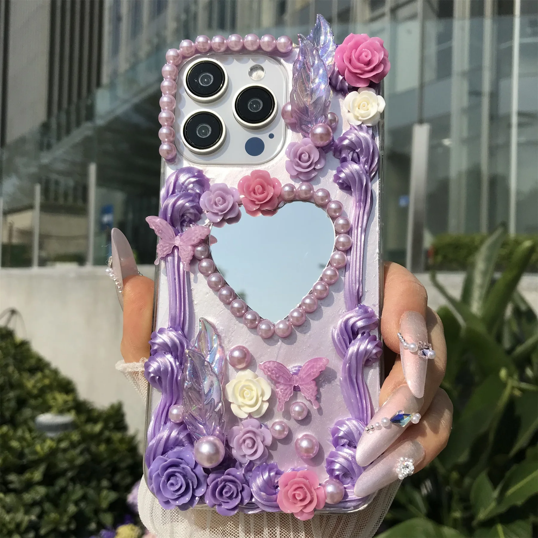 Handmade Purple Baroque Floral Mirror Phone Case - Soft TPU Dustproof Retro Design