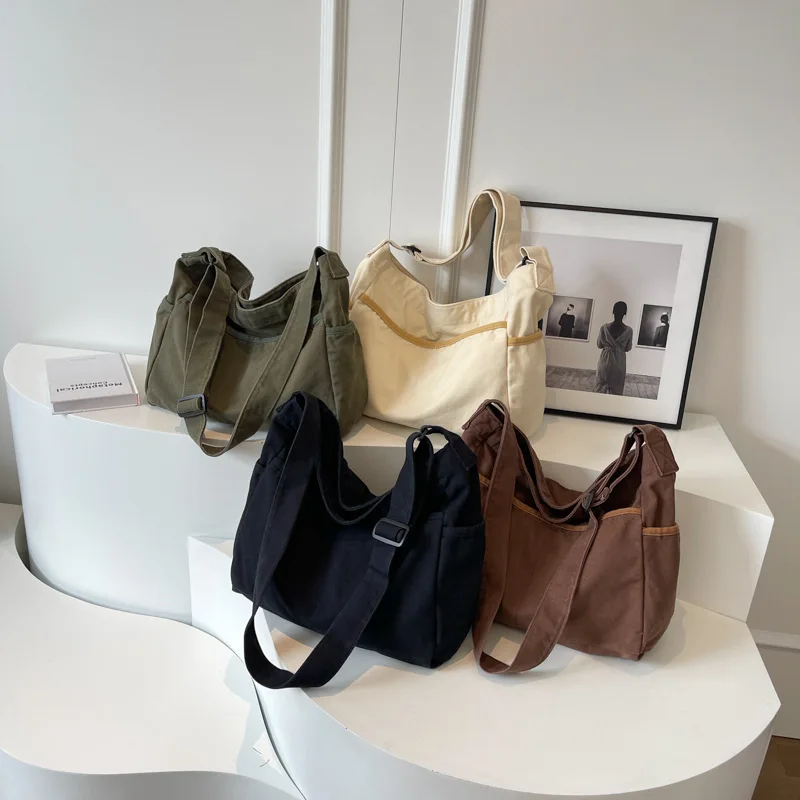 Women's Tote Bag Washed Canvas 2024 New Casual Lazy Style Crossbody Large Capacity Simple Fashion Shoulder Bag