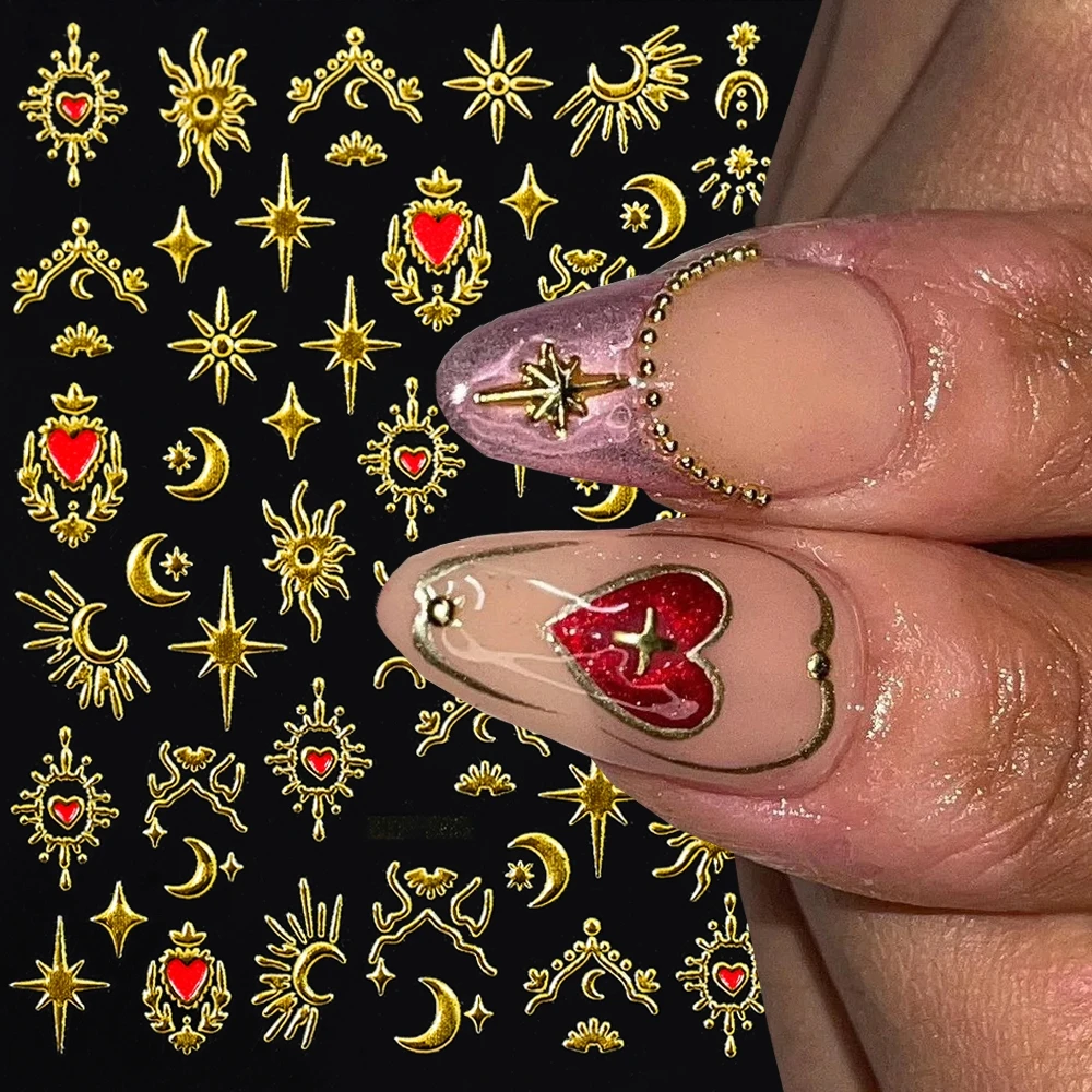 1Pc Holographic Love Heart Nail Stickers Gold Bronzing Stars Moon Sliders Red Heart Chrome Nail Art Manicure Fai Da Te Decor Valentine