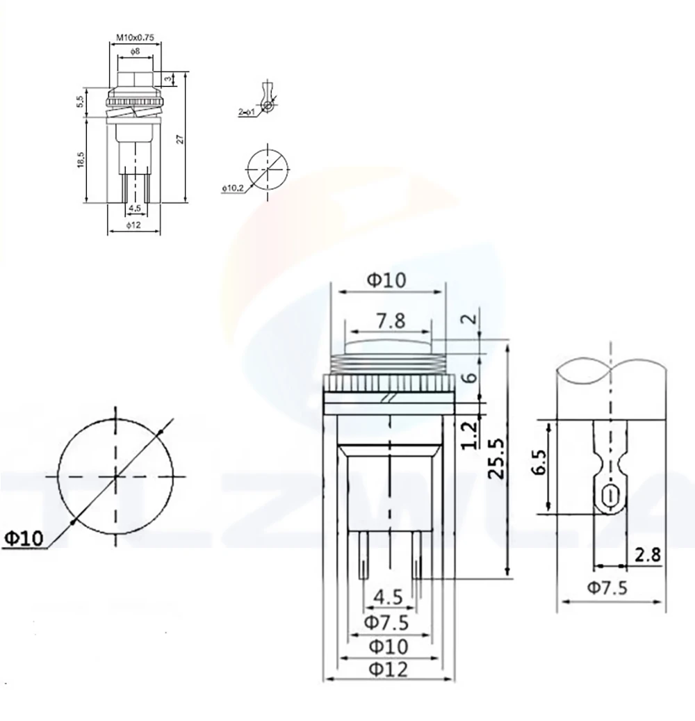 Description Picture 3 of item6PCS Panel Mount 10mm Momentary OFF-(ON) Push Button Switch Upper Screw Thread