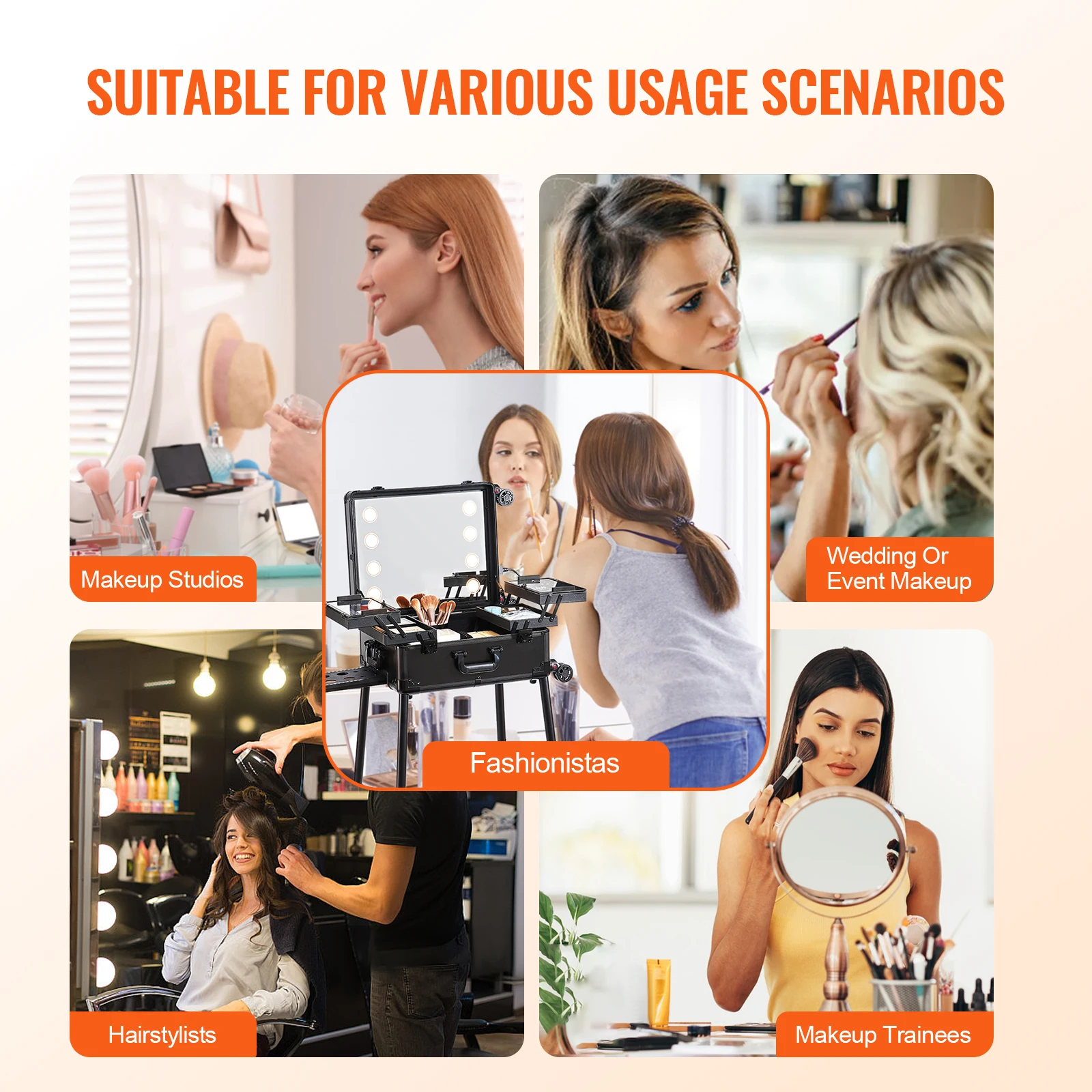 VEVOR Makeup Train Case with Lock Lighted Mirror 4 Storage Trays Holder Speaker Travel Cosmetic Organizer Box w/ Swivel Wheels 6