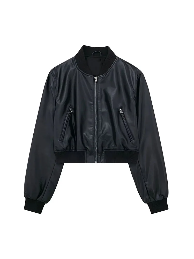

TRAF Women Black Vintage Imitation Leather Bomber Jacket Coat Top 2023 Autumn Winter Zipper Causal Street Jacket