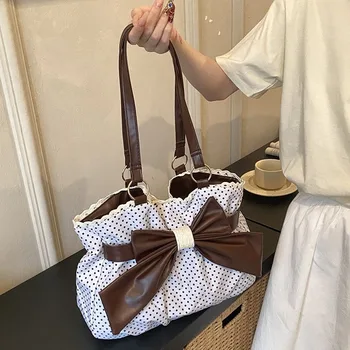 Borsa a Tracolla da Donna con Fiocco a Pois, Grande Capacità, Casual, per Uso Quotidiano, Shopping e Gite