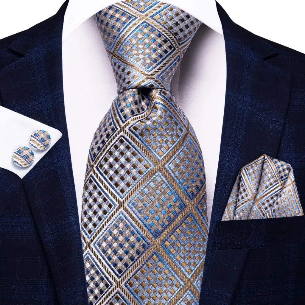 Plaid Braun Blau Seide Hochzeit Krawatte Für Männer Einstecktuch Manschettenknopf Geschenk Männer Krawatte Fashion Business Party Dropshipping Hallo-krawatte Designer – Detail 8