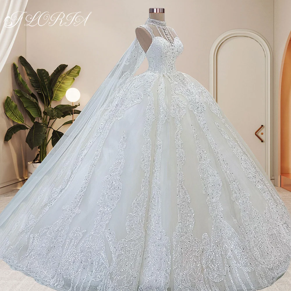 

2023 сексуальное изысканное бальное платье с высоким воротником свадебное платье блестящее Хрустальное платье без рукавов с вуалью и бисером свадебное платье для женщин