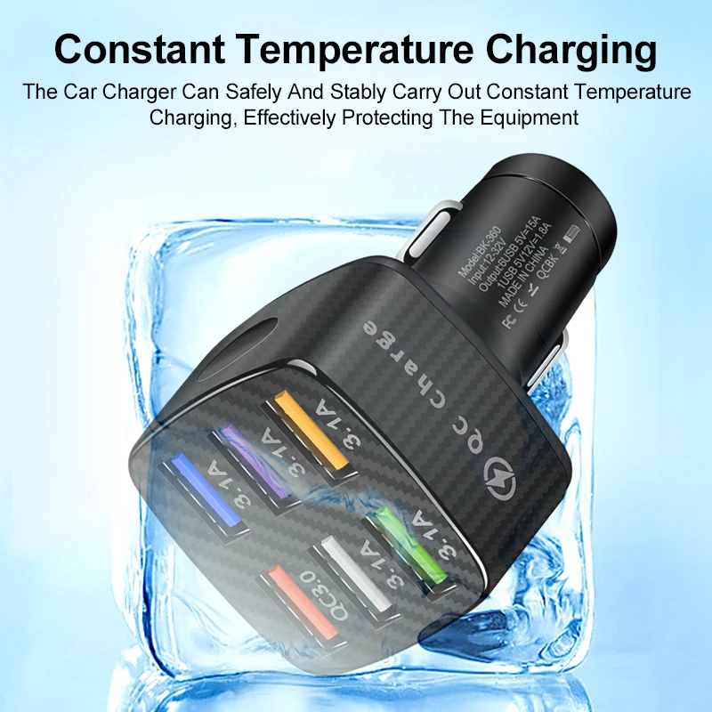 75W 6 Port QC3.0 Car Charger 15A USB Fast Charging For iPhone 15 16 17 14 11 Pro Samsung Xiaomi Huawei Car Mobile Phone Charger