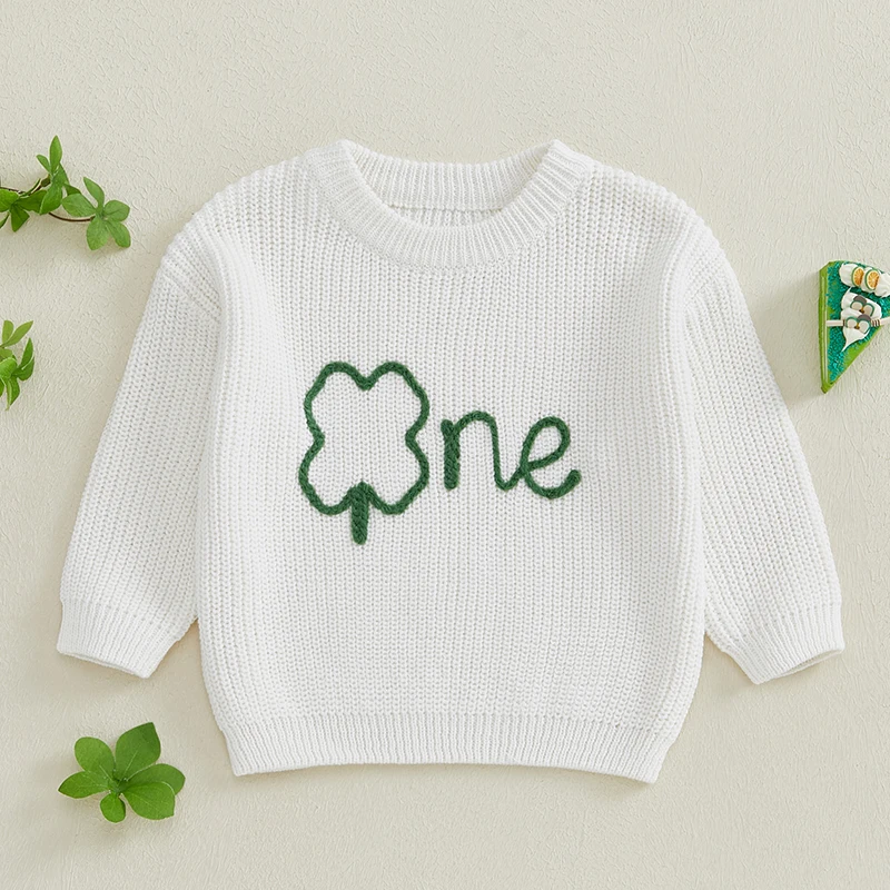 Infant Baby Boy Girl 1st Birthday Sweaters Fall Winter Clover Letter Embroidery Long Sleeve Crew Neck Pullovers Irish Clothes