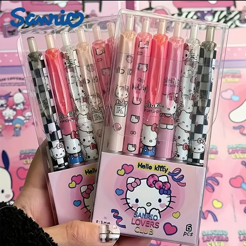6pcs 귀여운 헬로 키티 산리오 시리즈 클릭 펜, 학생용 절묘한 소프트 그립 브러쉬 펜, 부드러운 팁 젤 잉크 펜, 롤러볼 펜