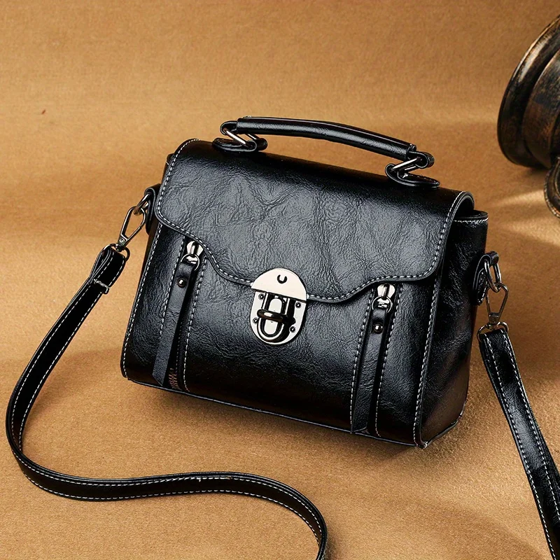 Vintage Turn-Lock Square Satchel Bag, Classic Handbag Shoulder Bag for Women Everyday Tote Crossbody Bag, Secure Travel Purse