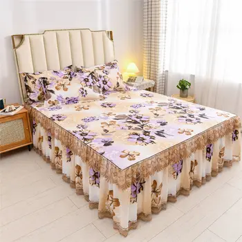 3 Pz/lotto Tessili Per La Casa di Lusso Letto Gonna Lenzuolo Volant Del Merletto Coprimaterasso Fiori Morbidi Biancheria Da Letto Protezione antiscivolo Copriletto 1