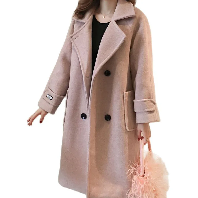 

Женская шерстяная ветровка средней длины, свободная двубортная верхняя одежда с воротником, Осень-зима 2023