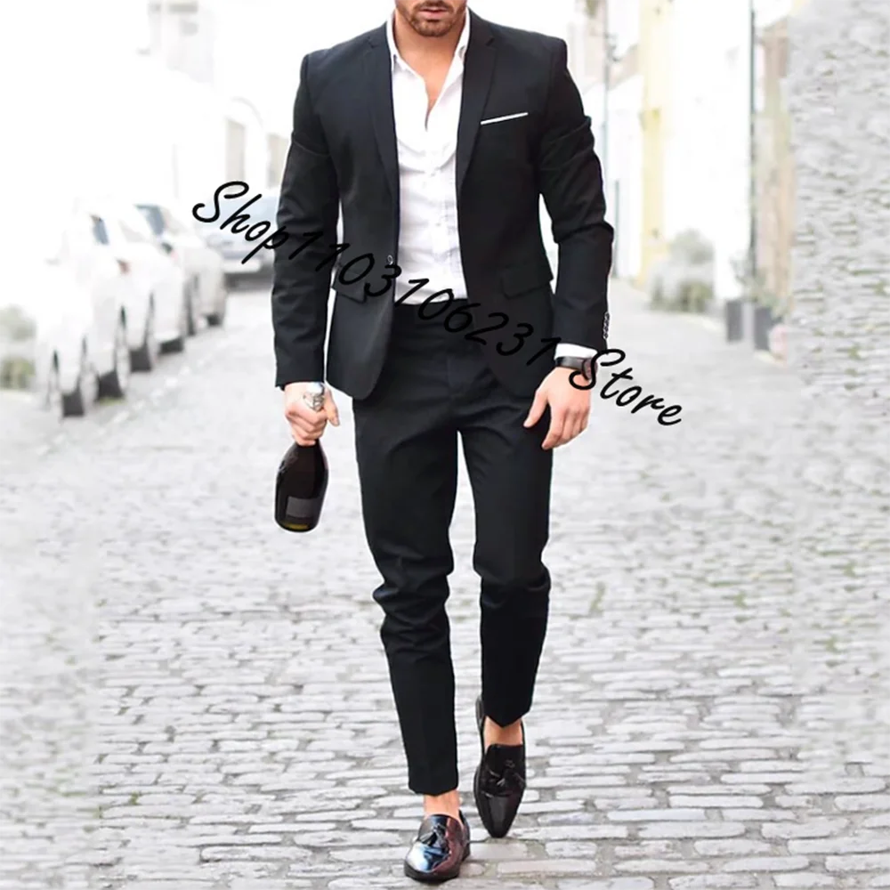 

Men's Business Fashion High Quality Gentleman Black 2 Piece Suit Blazers Coat Jacket Pants Classic Trousers Costume Homme