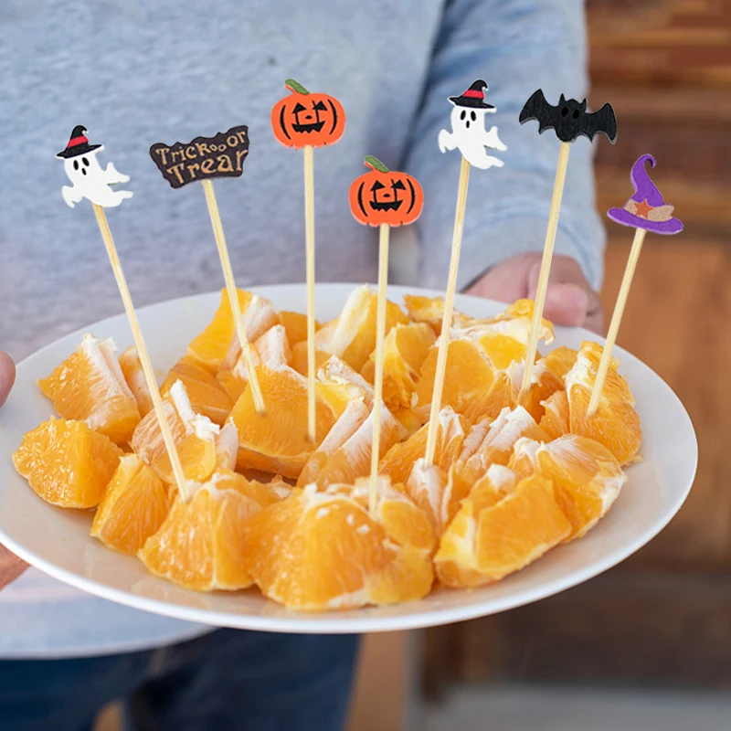 50/100PCS Halloween Bamboo Sticks Pumpkin Bat Pattern Buffet Cupcake Fruit Snack Fork Halloween Party Decorration Supplies fruit fork food picks bamboo sticks