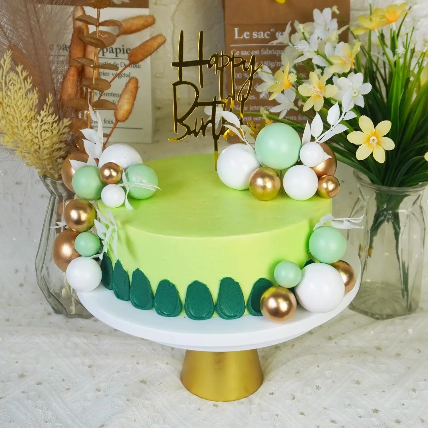 Khaki Ball Cake Topper Boho Gras Cake Topper Happy Birthday Kuchendekoration für Hochzeit Baby Shower Boho Themenparty Zubehör – Detail 22