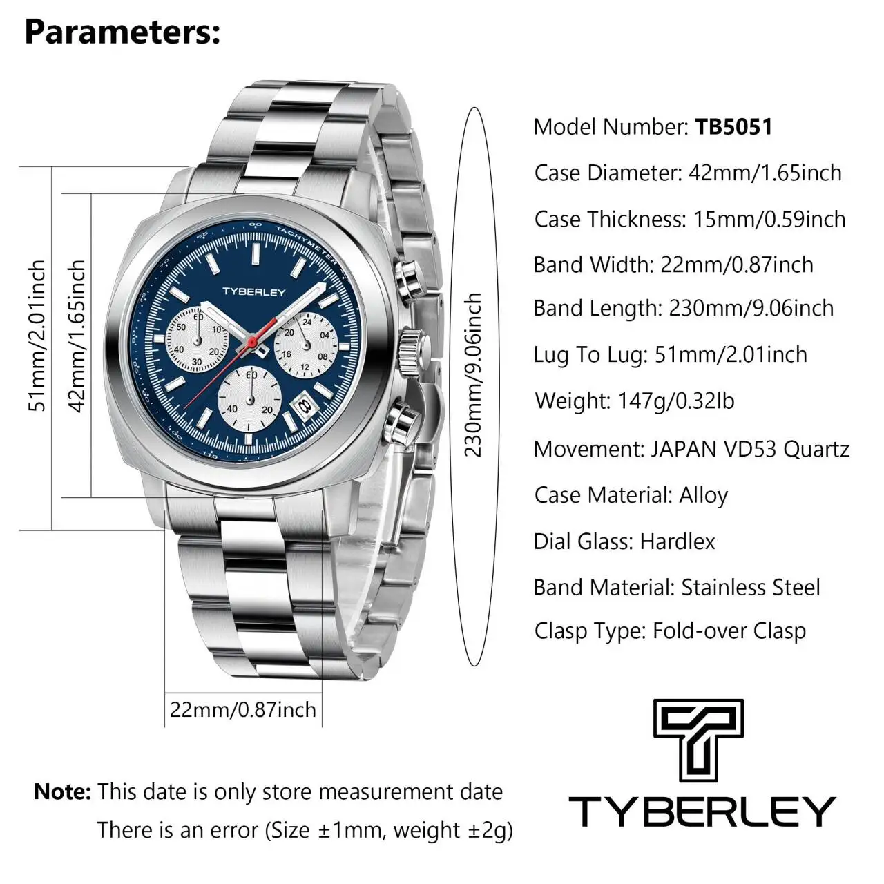 TYBERLEY Mens Watch 2024 New Japan VD53 Movt Chronograph luminous