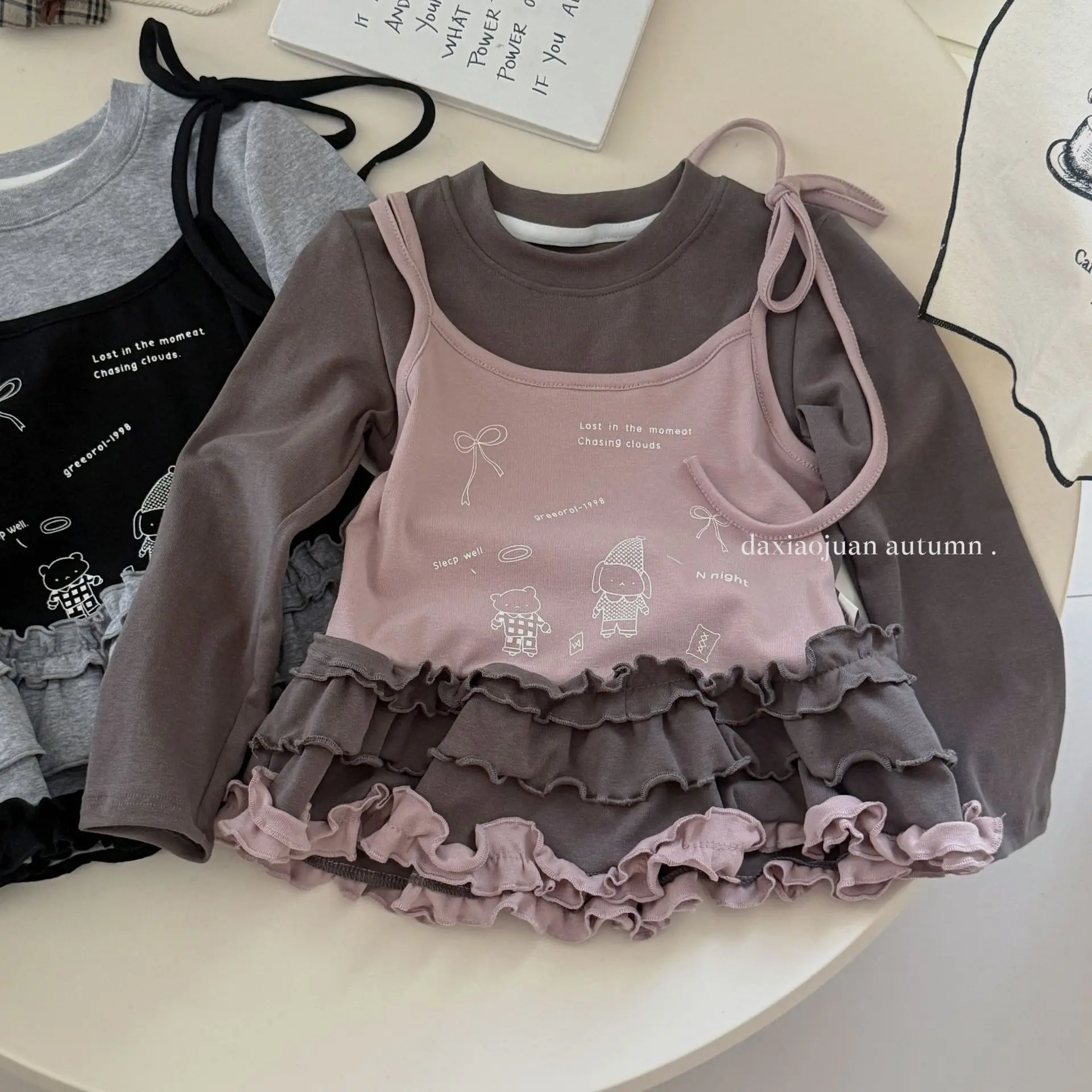 2025년 가을 한국 아동복 페이크 투피스 한국 버전 레이스 탑 여아 긴팔 베이스 셔츠