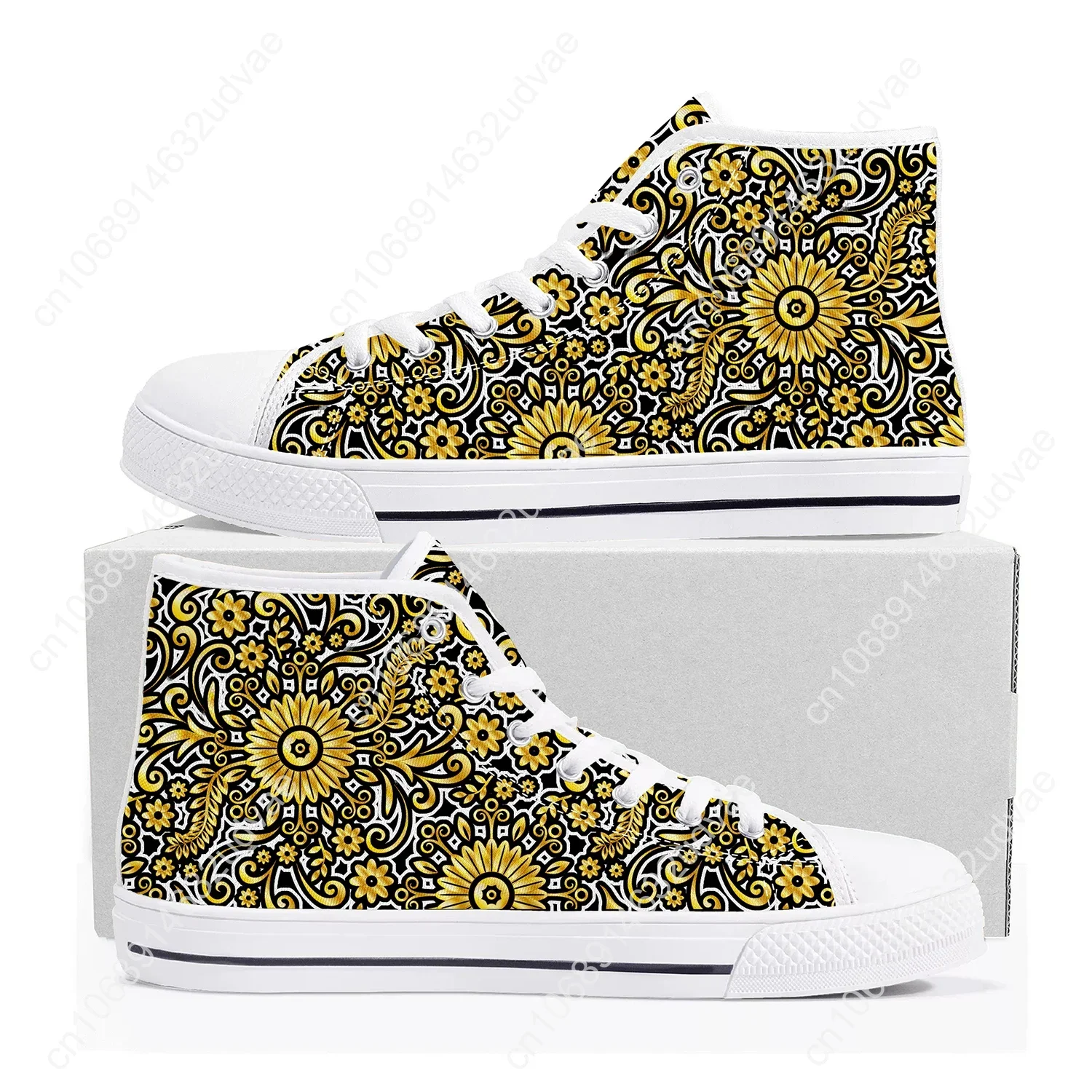 Luxury Golden Floral Prints High Top Sneakers Mens Womens Teenager Canvas Sneaker Baroque European Casual Shoes Custom Shoe