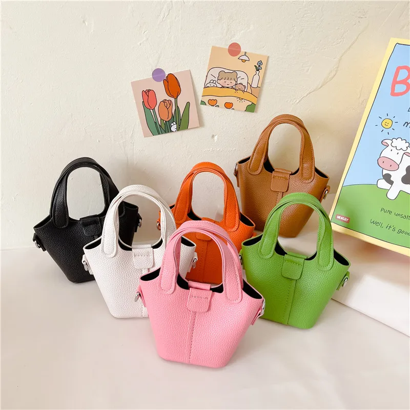 Korean 2023 Kids Purses Handbag Vintage PU Basket Bag Little Girls Messenger Bag Princess Tote Bucket Coin Purse Party Small Bag