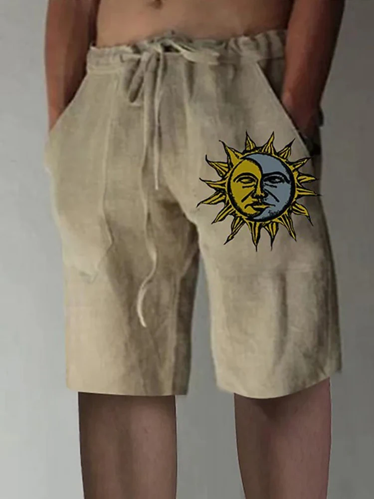 Vintage Pattern Print Cotton Linen Shorts Men Beach Casual Loose