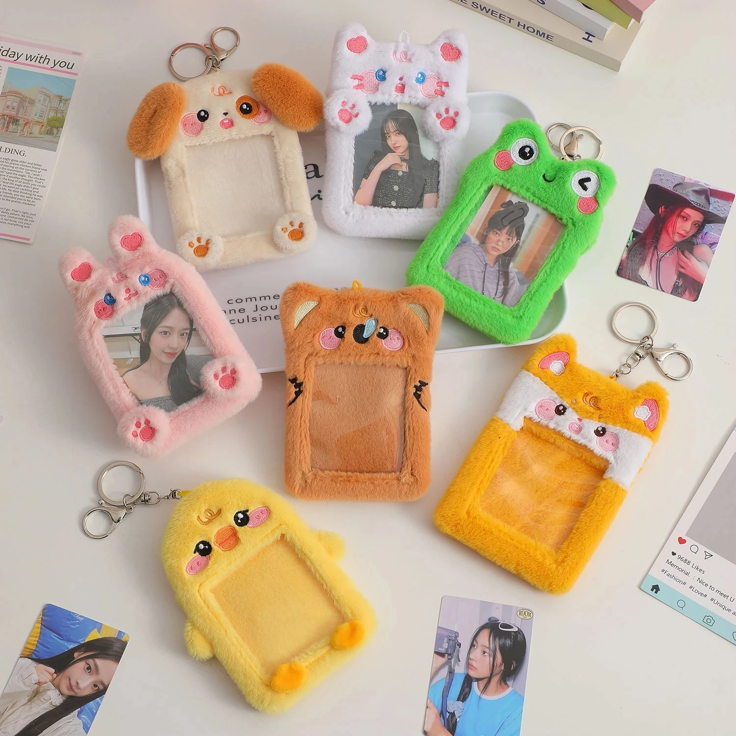 Kawaii Cartoon Animal Series Soft Plush 3 Inch Kpop Photocard Holder Photo Card Holder Bag Pendant School Stationery