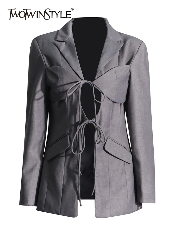 TWOTWINSTYLE Hollow Out Irregular Blazer For Women Notched Collar Long Sleeve Patchwork Lace Up Temperament Blazers Female New main image 1