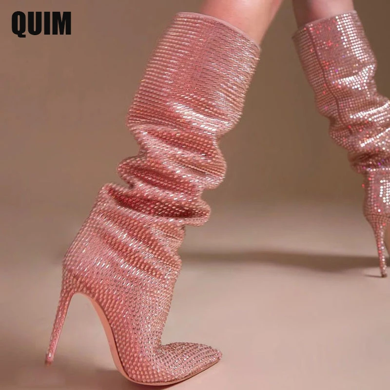 

Runway Stilettos Women Long Boots Shiny Rhinestone Knee-Length Boots Fashion Pointed Candy Colors Ladies Shoes Zapatos De Mujer