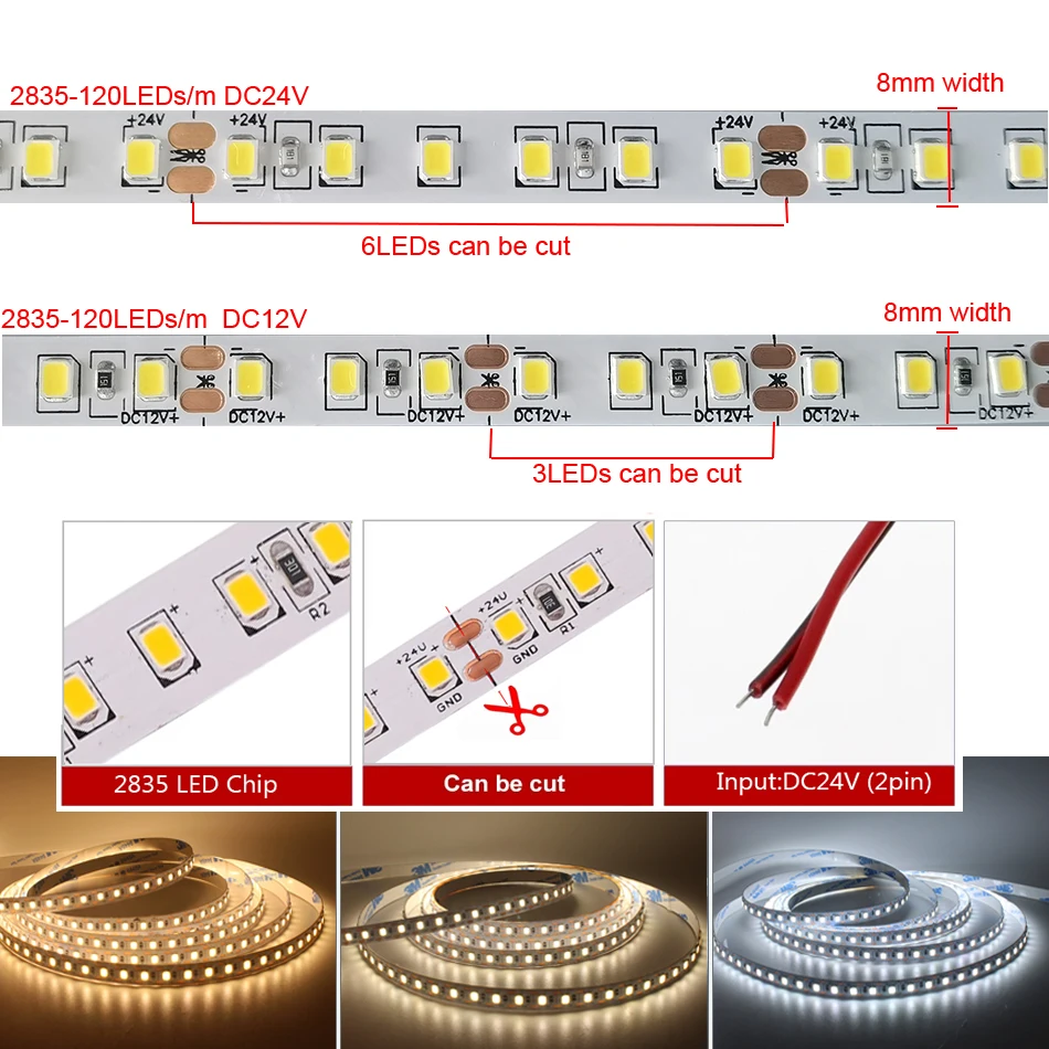  GuoTonG Unidades de tiras de luz LED a prueba de agua, SMD 2835 LEDs  12V, Tiras de luz de cinta LED de 12V : Hogar y Cocina