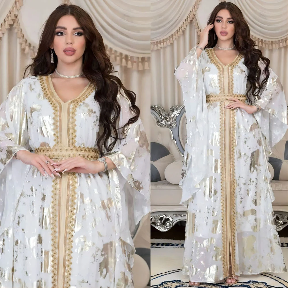 

Luxury Women Jalabiya Moroccan Kaftan Abaya Dubai Print V-Neck Guipure Lace Tape Belted Maxi Dress Islam Dresses Ramadan Vestido