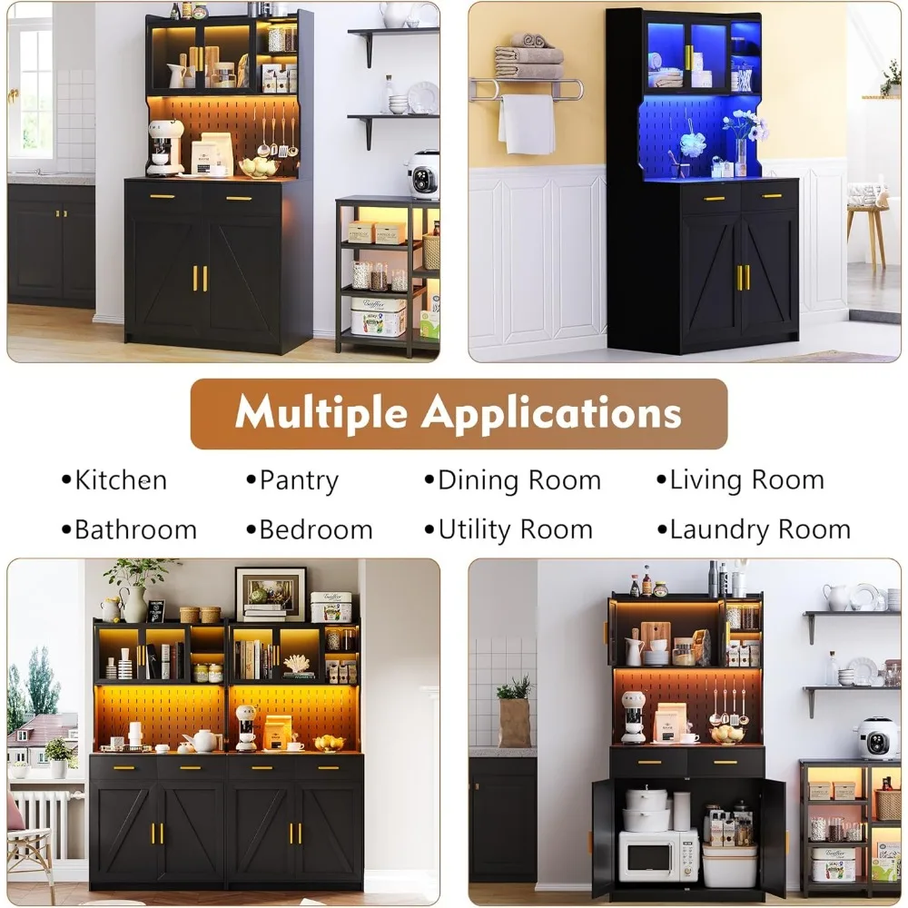 LED Kitchen Pantry Cabinet with Outlets, Farmhouse Storage Cabinet with Drawers & Adjustable Shelves, Cupboard with Pegboard and 3